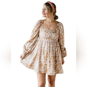 Mittoshop Shimmery Retro Floral Puff Sleeve Fairy Cottage Babydoll Dress S